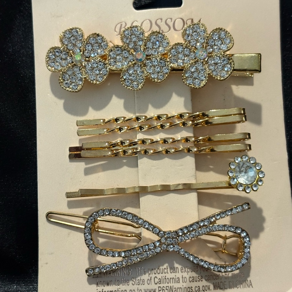 Blossom Gold and Silver Crystal Bow and Flowers Hair Clip Set NWT